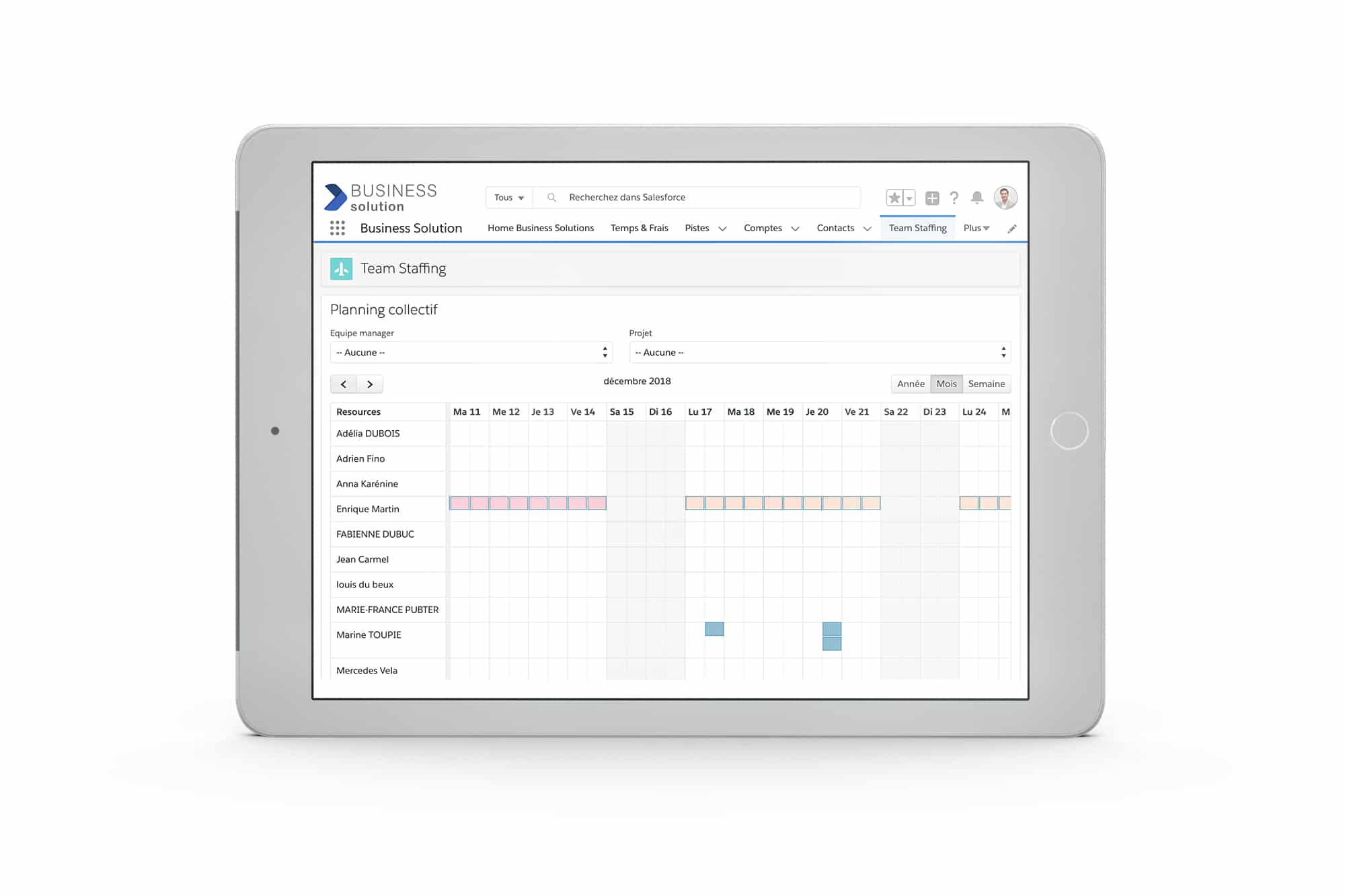 mockup sur tablette du back office de l'application affectation et ressources